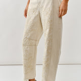 Floral Embroidered Barrel Leg Jeans - Beige