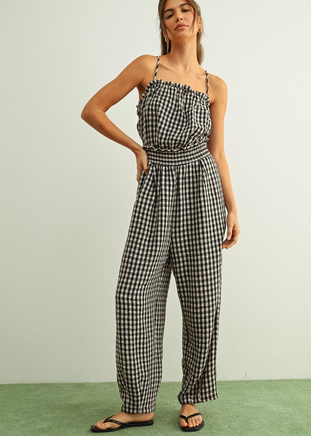 The Capri Gingham Smocked Jumpsuit - Black/White