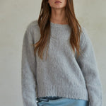 Carly fuzzy knit pullover sweater in light grey with relaxed fit and crew neckline