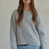 Carly fuzzy knit pullover sweater in light grey with relaxed fit and crew neckline