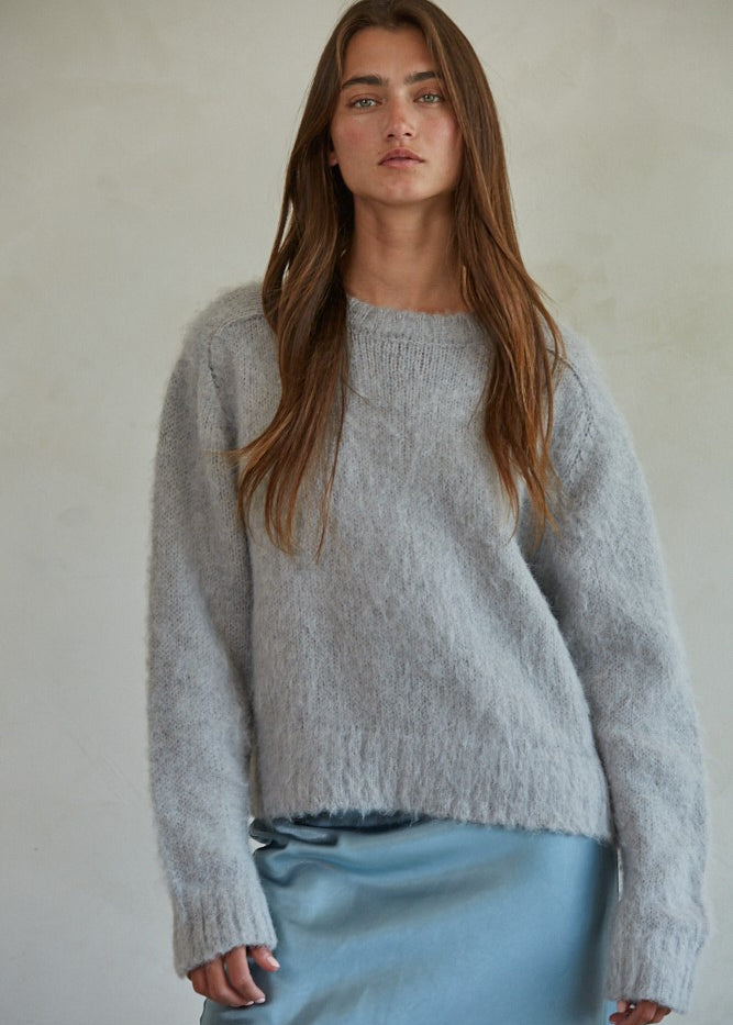 Carly fuzzy knit pullover sweater in light grey with relaxed fit and crew neckline