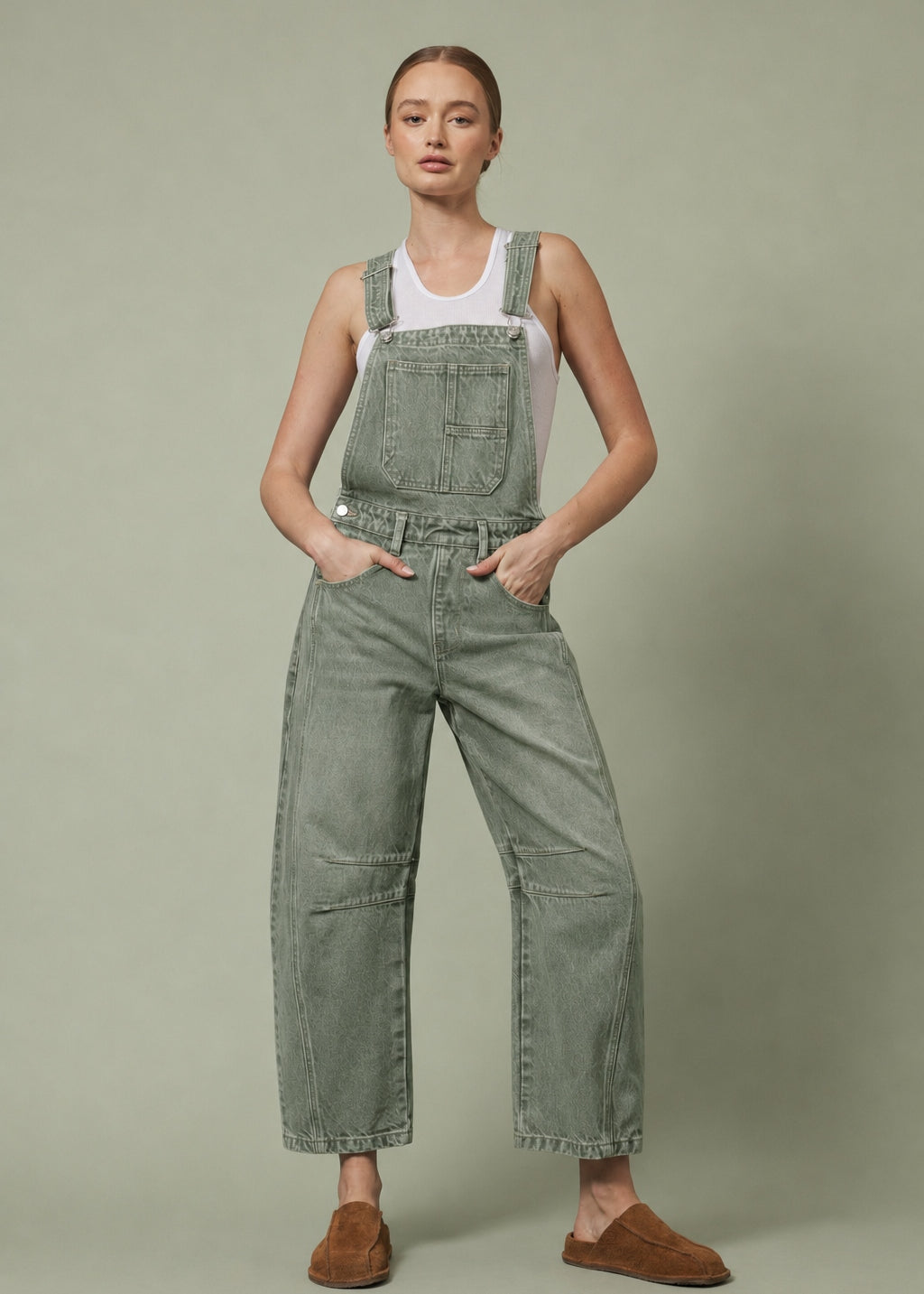 Aaron & Amber Barrel-Leg Denim Overalls in Olive - front view