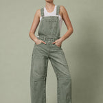 Chill Denim Overall in olive, also known as Good Luck Barrel Overalls, front view with relaxed barrel-leg fit and adjustable straps.