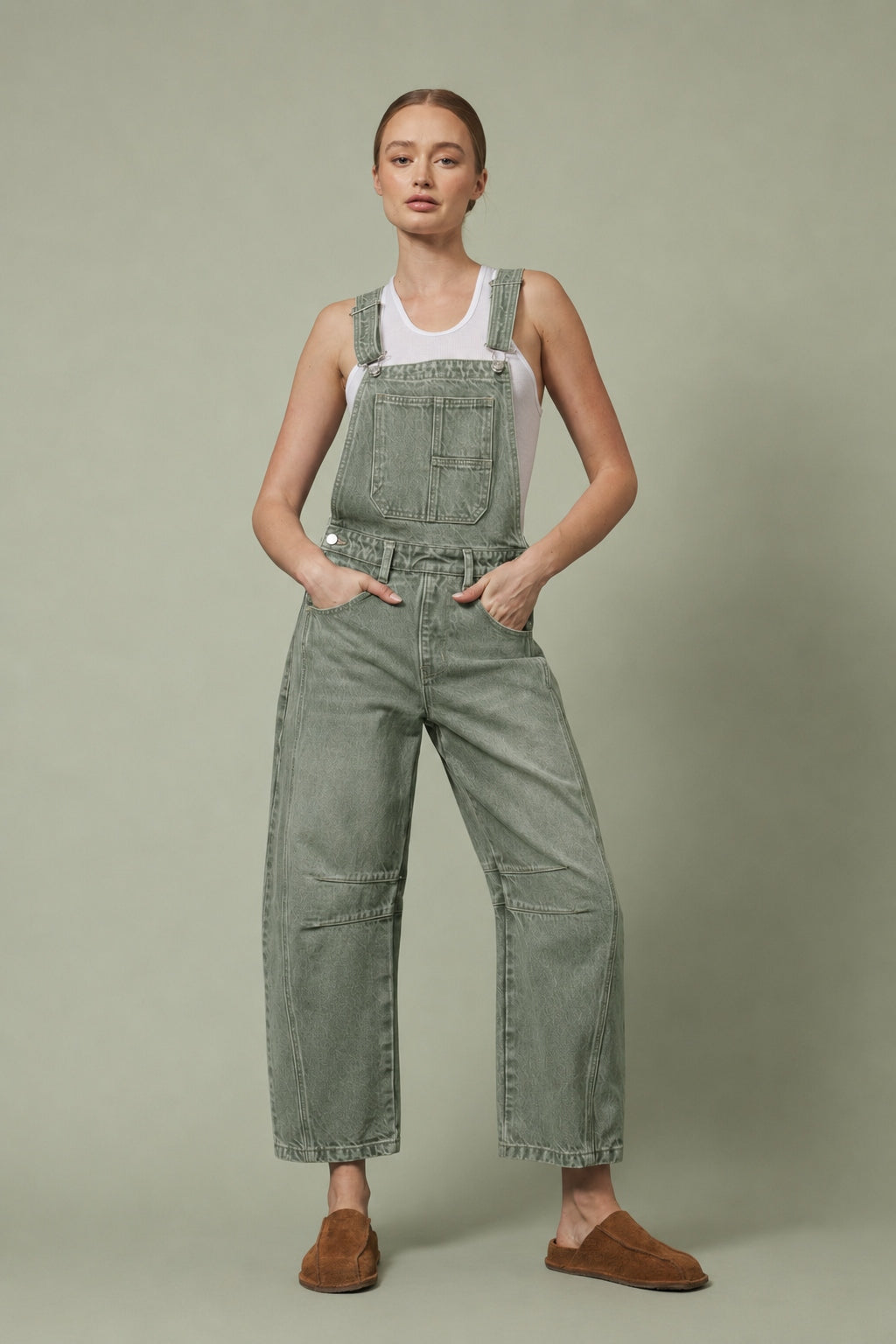 Chill Denim Overall in olive, also known as Good Luck Barrel Overalls, front view with relaxed barrel-leg fit and adjustable straps.
