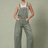 Chill Denim Overall in olive, also known as Good Luck Barrel Overalls, front view with relaxed barrel-leg fit and adjustable straps.