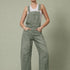 Aaron & Amber Barrel-Leg Denim Overalls in Olive - front view