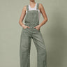 Aaron & Amber Barrel-Leg Denim Overalls in Olive - front view