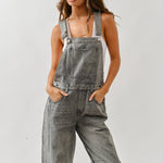 Angled front view of chill denim overall in grey wash for casual everyday wear