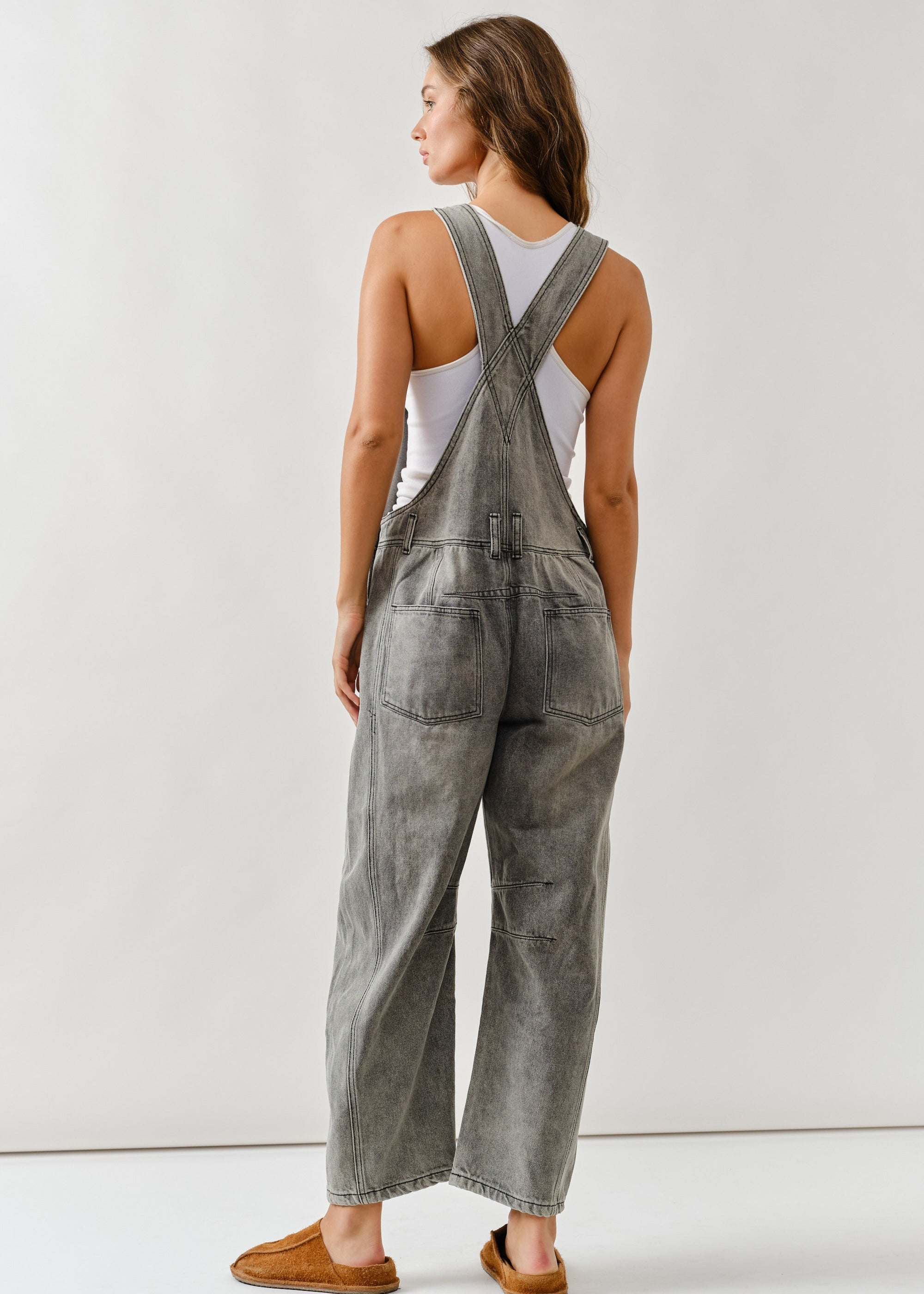 Back view of chill denim overall in grey wash with adjustable straps