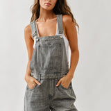 Close-up of adjustable straps and front bib on chill denim overall in grey wash