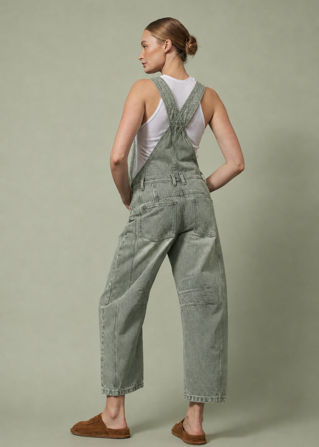 Aaron & Amber Barrel-Leg Denim Overalls, back view showing the slouchy relaxed fit, back pockets, and full-length barrel legs.