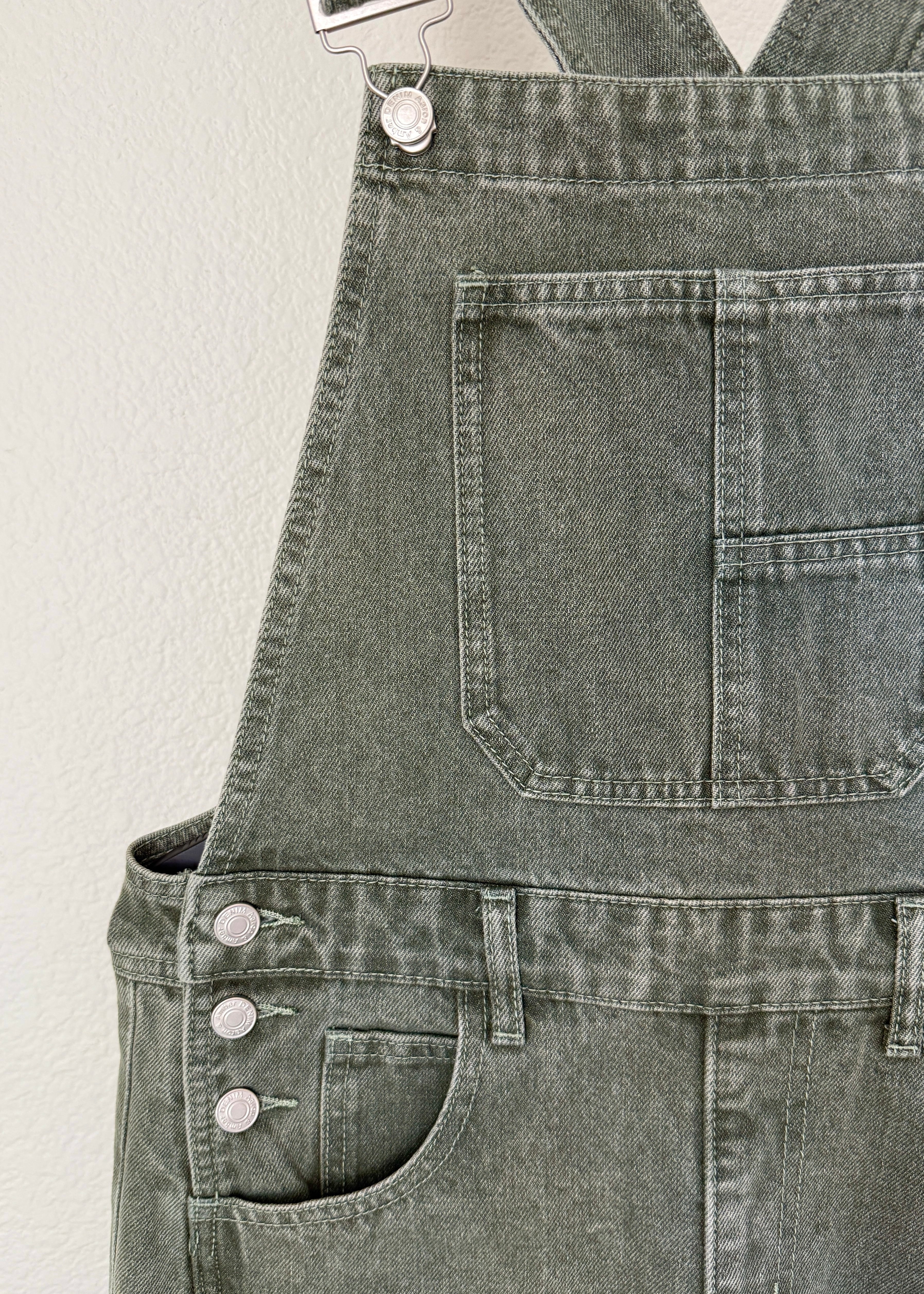Close-up of Aaron & Amber Olive Denim Overall - close-up front details