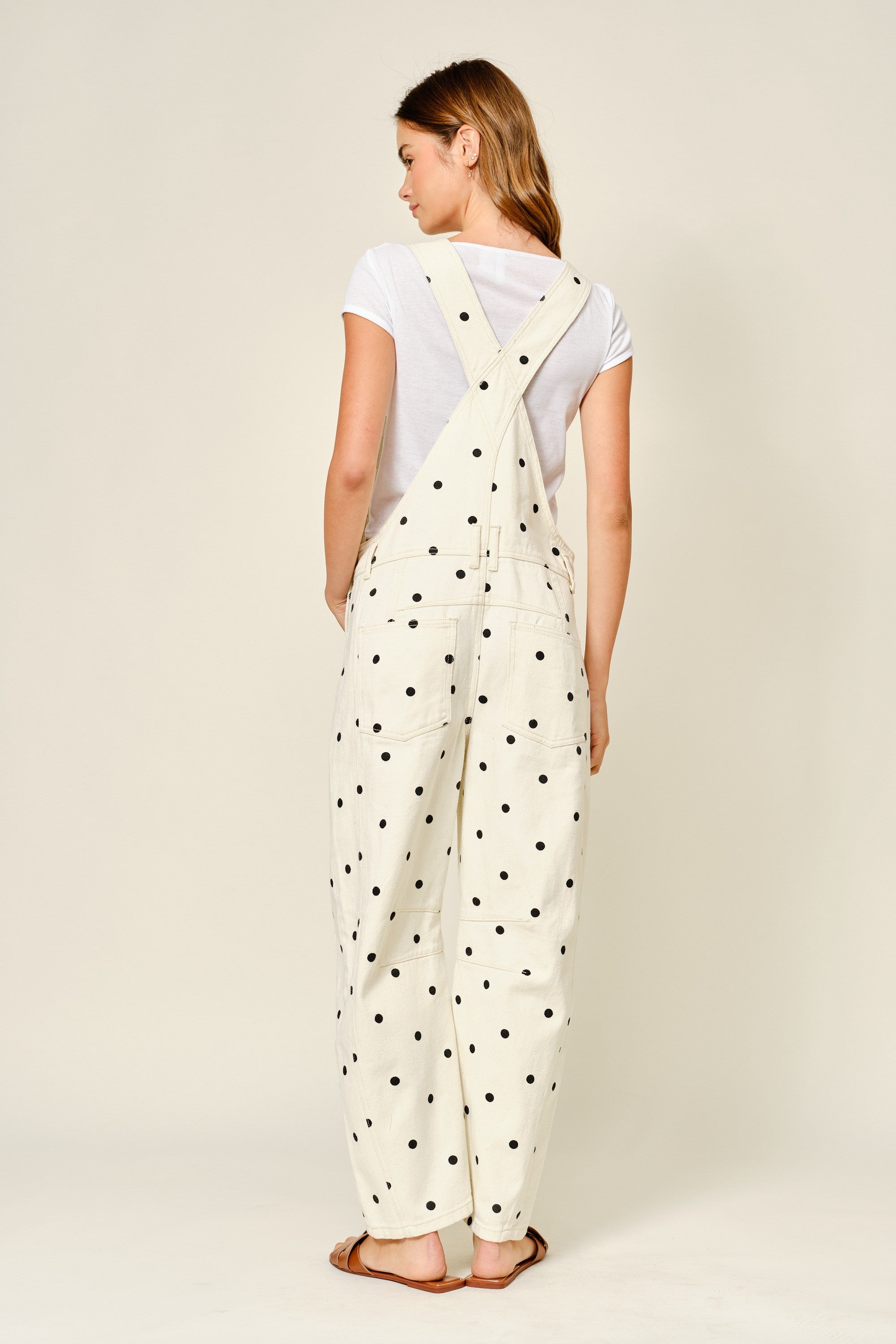Chill Denim Overall (good luck denim overall)  in cream  with black polka dots - back view