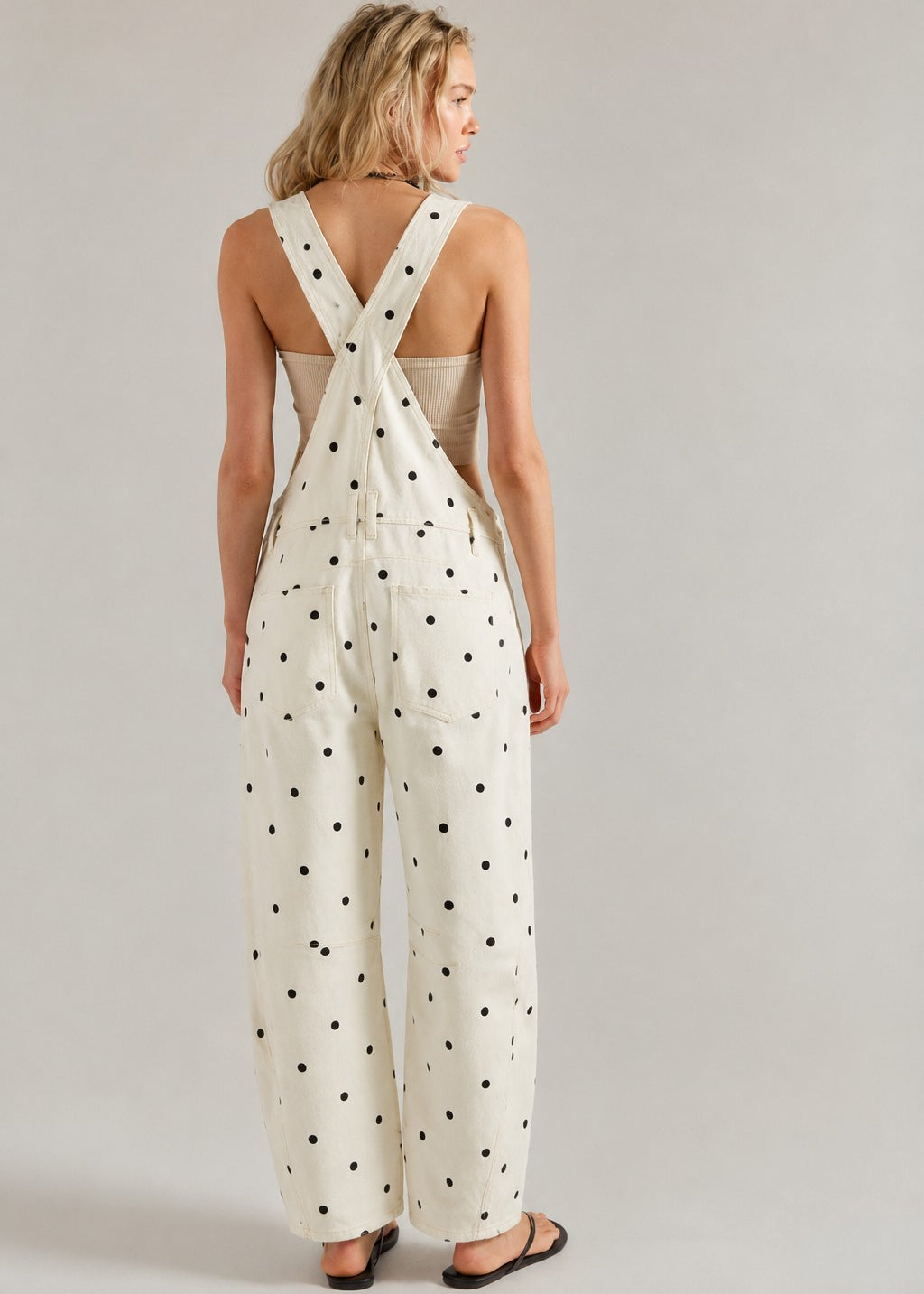 Cream Polka Dot Denim Overalls with black dots - back view