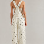 Back view of Chill Denim Overall in cream denim with black polka dots