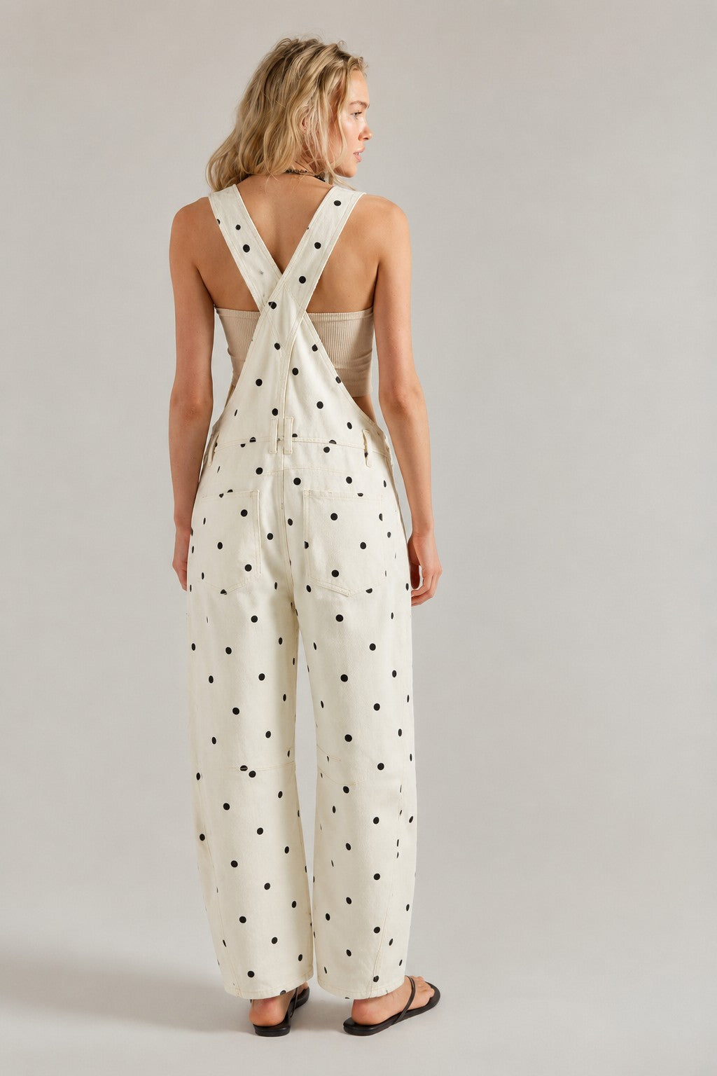 Back view of Chill Denim Overall in cream denim with black polka dots