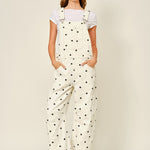 Chill Denim Overall in polka dot, also known as Good Luck Barrel Overalls, front view