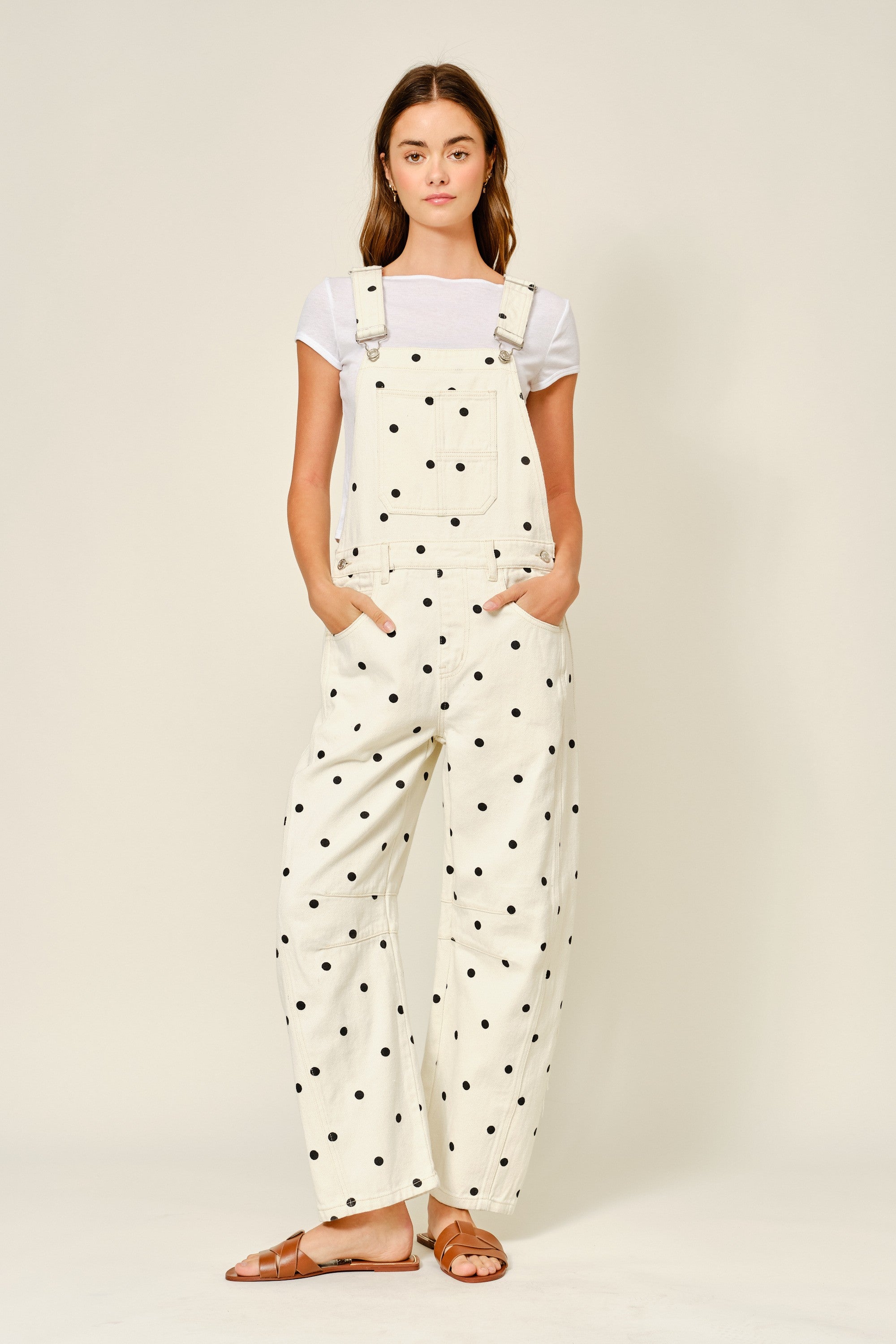Chill Denim Overall in polka dot, also known as Good Luck Barrel Overalls, front view