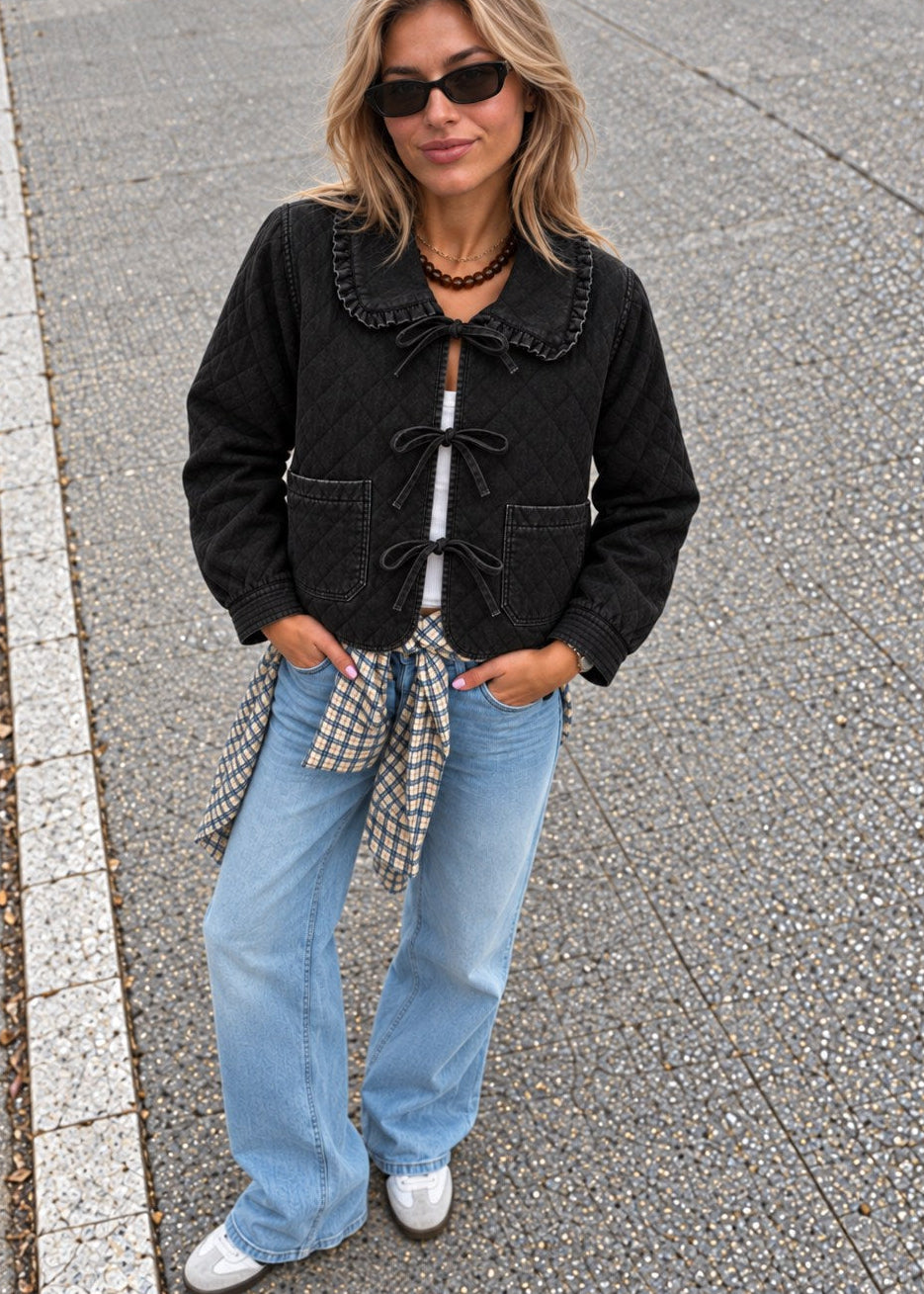 Chloe Tie-Front Quilted Denim Jacket – Black