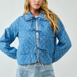 Chloe Bow Quilted Denim Jacket in denim with quilted texture, bow tie closure,