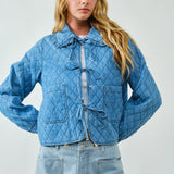 Chloe Bow Quilted Denim Jacket in denim with quilted texture, bow tie closure,