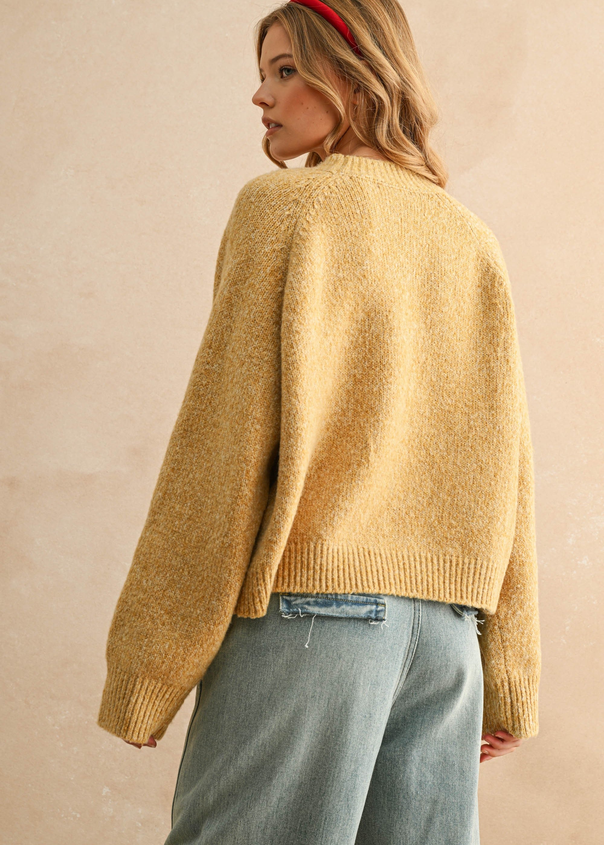 Back view of city print casual sweater in Paris butter