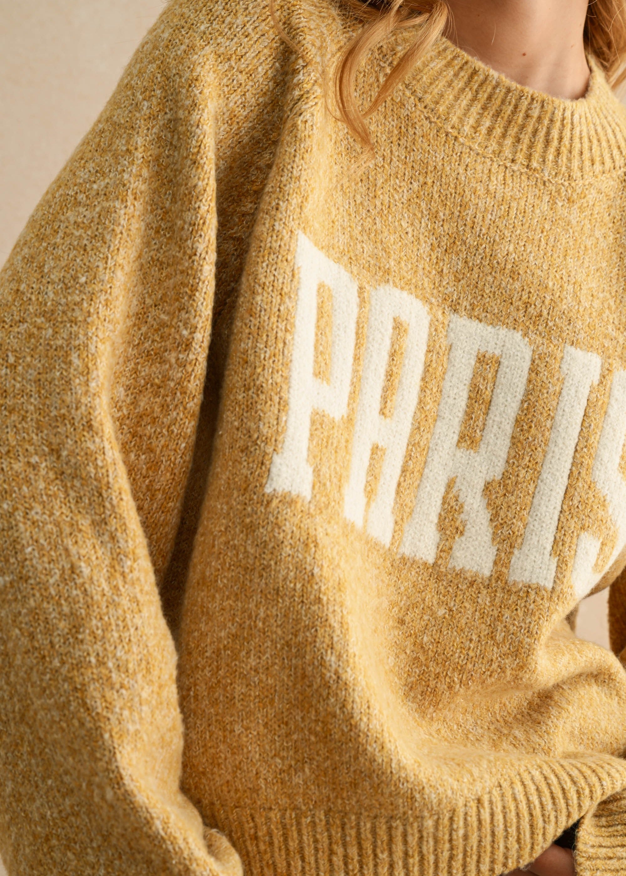 Close-up of Paris letter print on city print casual sweater in Paris butter