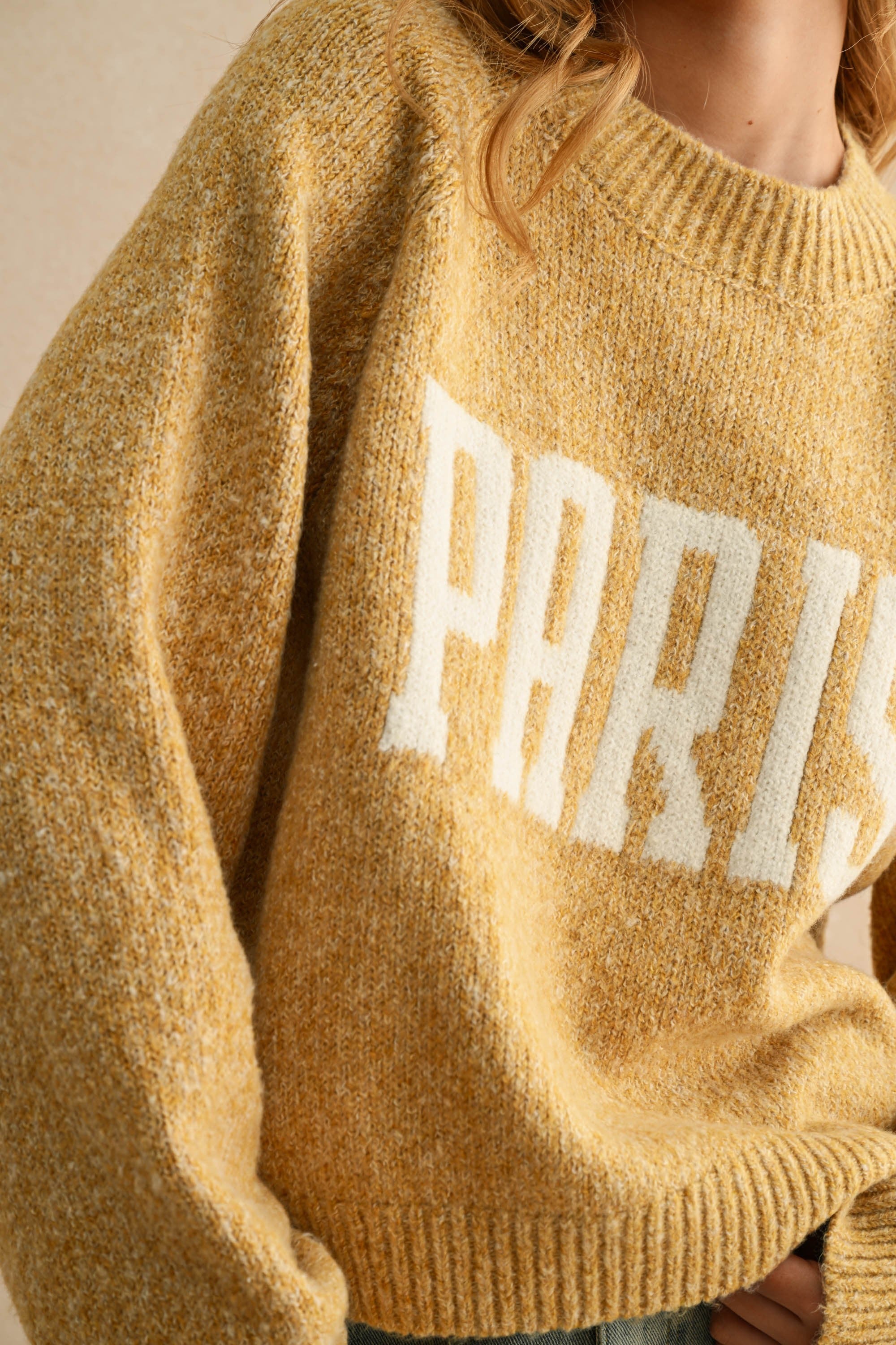 Close-up of Paris letter print on city print casual sweater in Paris butter