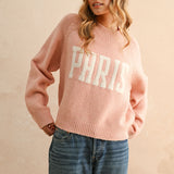 City print casual sweater in Paris pink with relaxed fit and letter front design