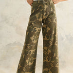 Colette High Rise Wide Leg Denim Pants in camouflage print, front view with wide-leg fit, high-rise waist, and raw hem.