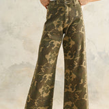 Colette High Rise Wide Leg Denim Pants in camouflage print, front view with wide-leg fit, high-rise waist, and raw hem.