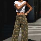 Camouflage wide leg denim pants styled with a simple top for an easy everyday outfit.
