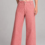 Front view of Colette wide-leg gingham pants in red with a high-rise waist and raw hem - front