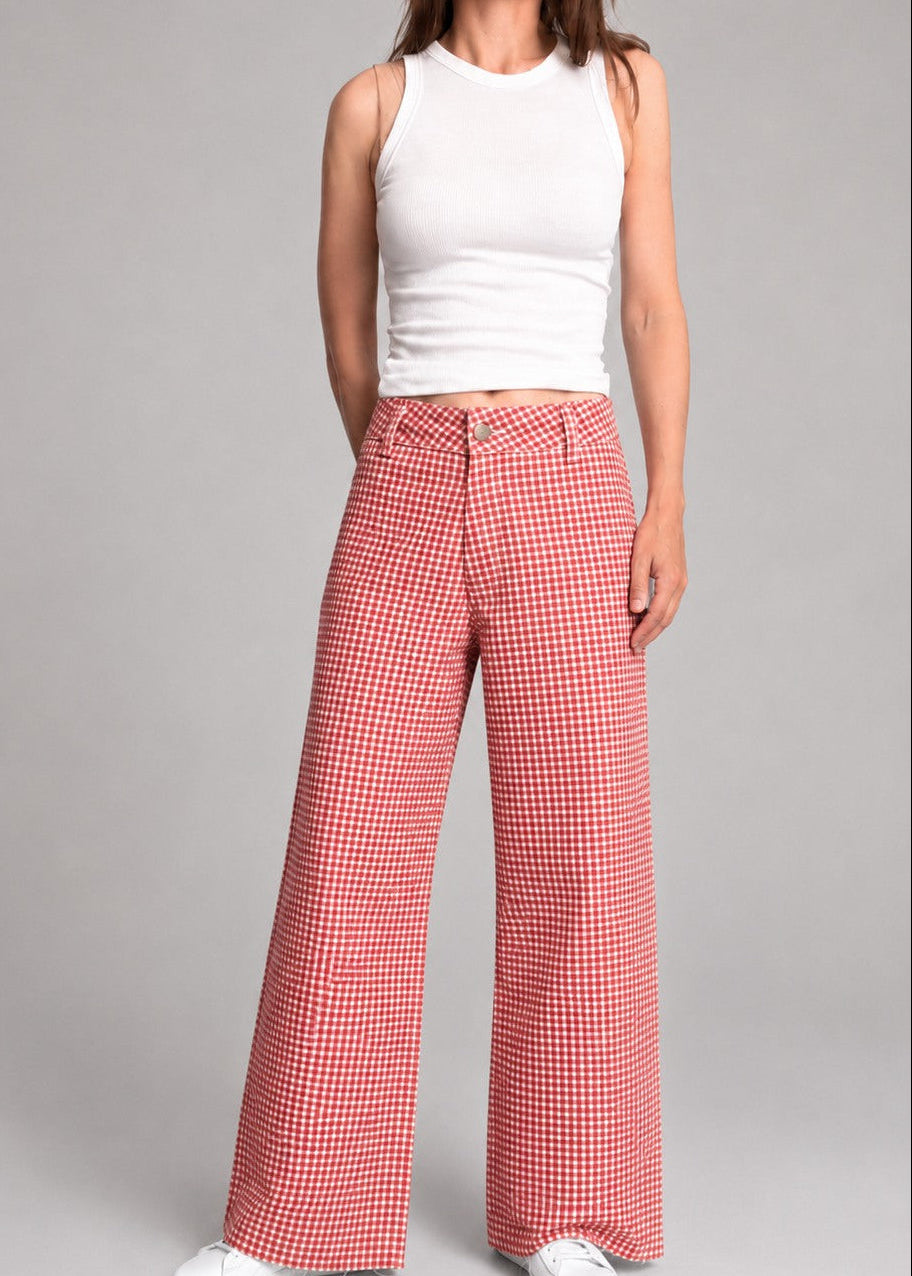 Colette red gingham wide-leg pants on model, front view