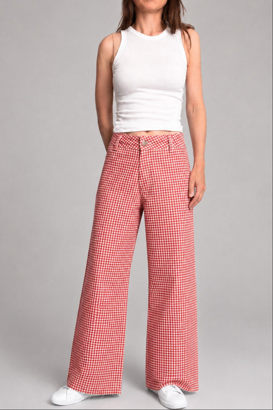 Colette red gingham wide-leg pants on model, front view