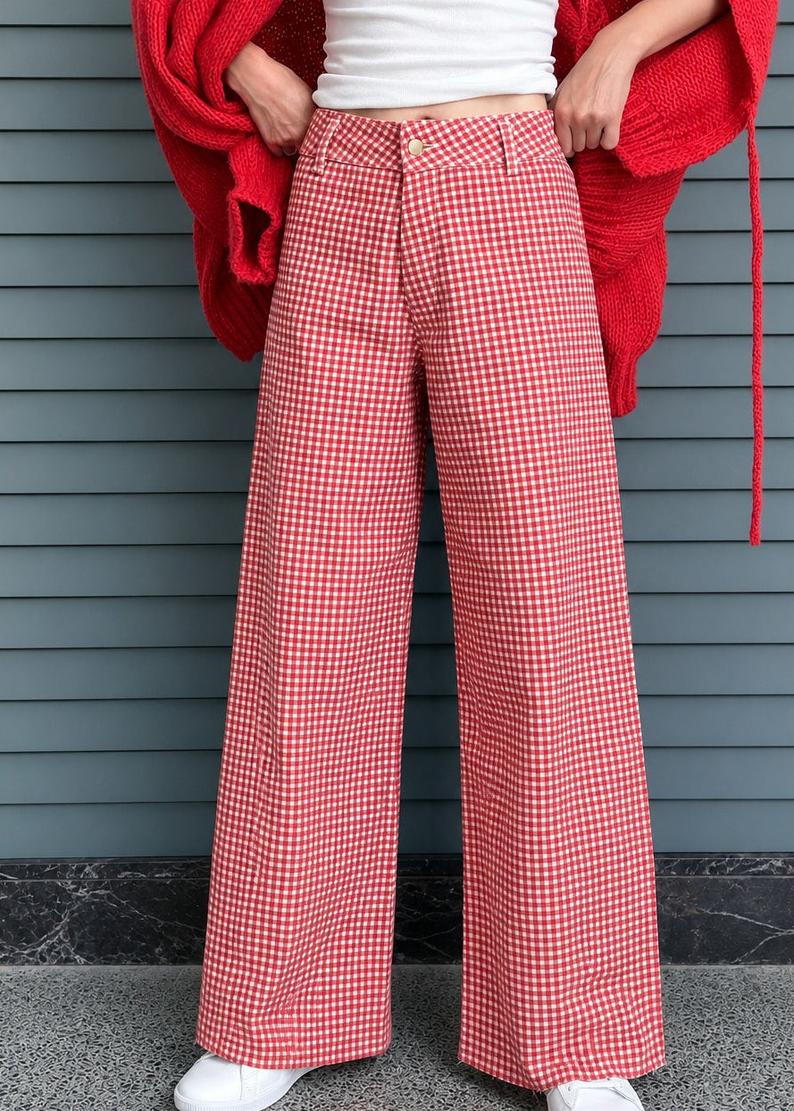 Woman wearing Colette red gingham wide-leg pants styled in a casual everyday outfit - front view