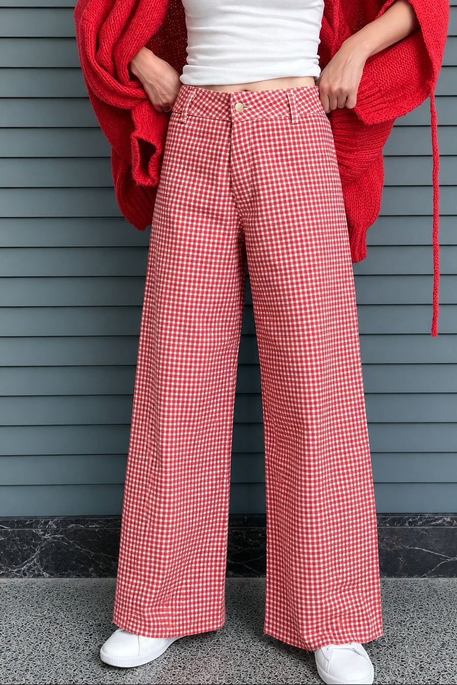 Woman wearing Colette red gingham wide-leg pants styled in a casual everyday outfit - front view