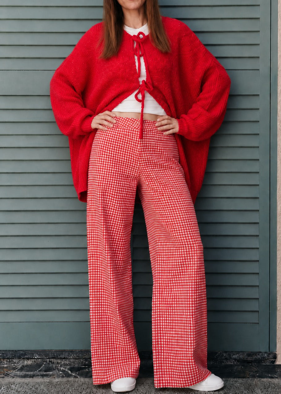 Women’s red gingham wide-leg pants styled with red top