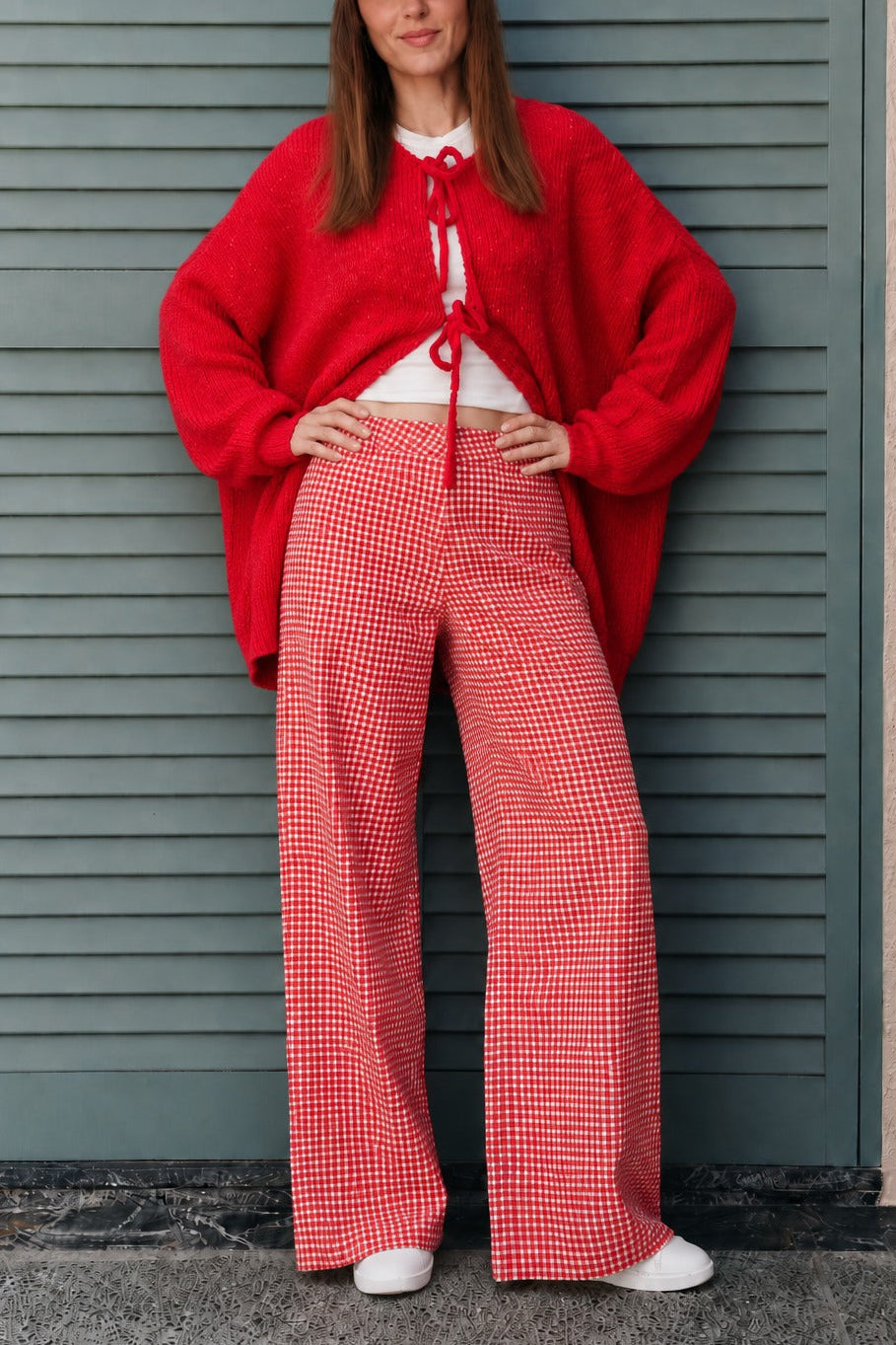 Women’s red gingham wide-leg pants styled with red top