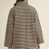 Back view of cozy in stripes button-up jacket in black combo