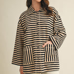 Cozy in stripes button-up jacket in black combo with oversized fit and textured fabric