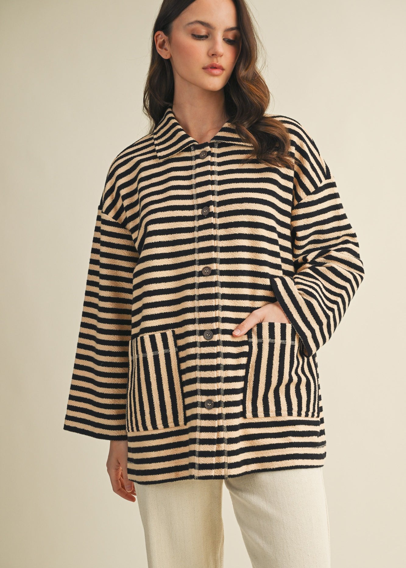 Cozy in stripes button-up jacket in black combo with oversized fit and textured fabric