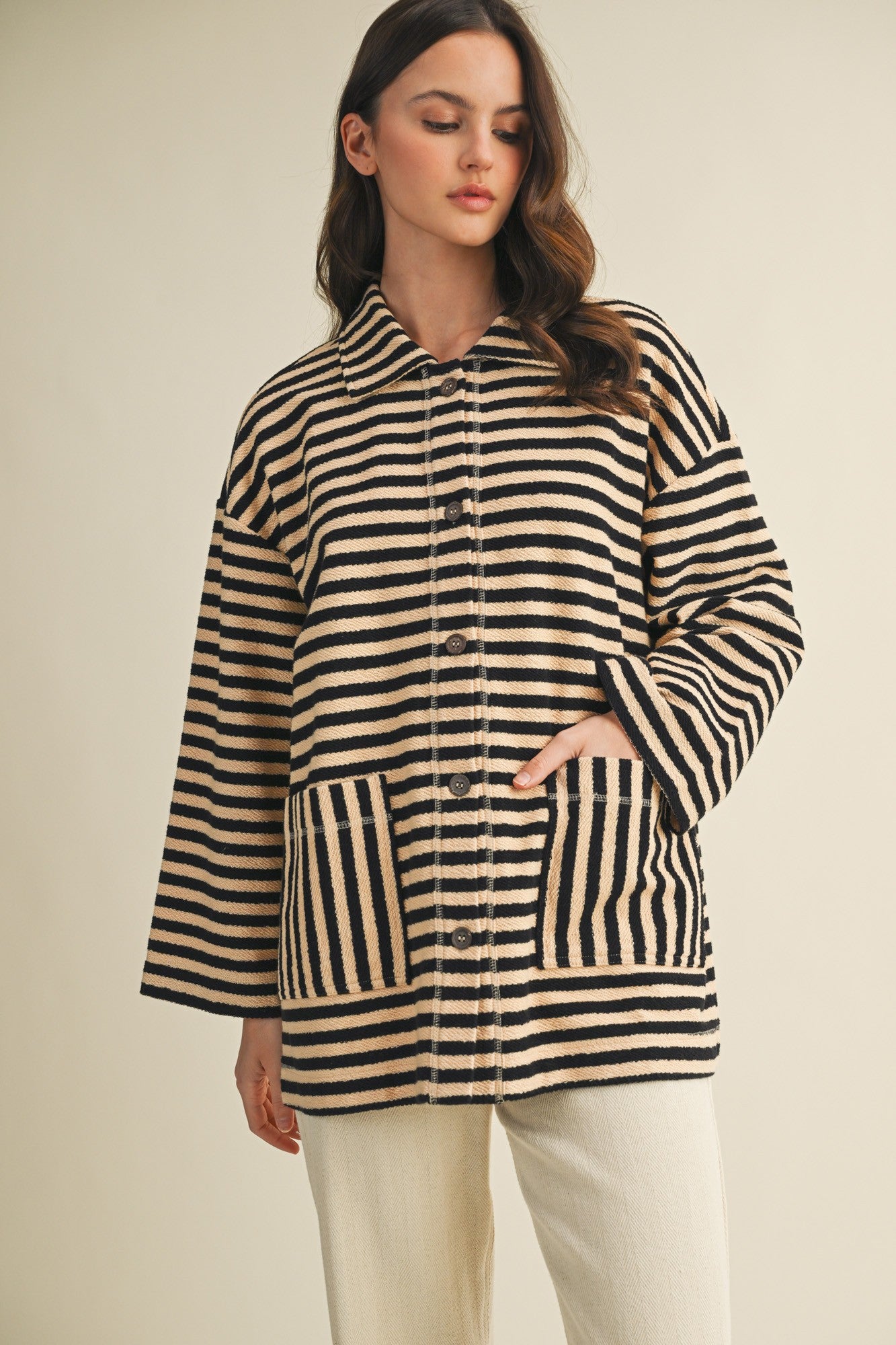 Cozy in stripes button-up jacket in black combo with oversized fit and textured fabric