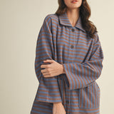 Cozy in stripes button-up jacket in denim combo styled for everyday layering