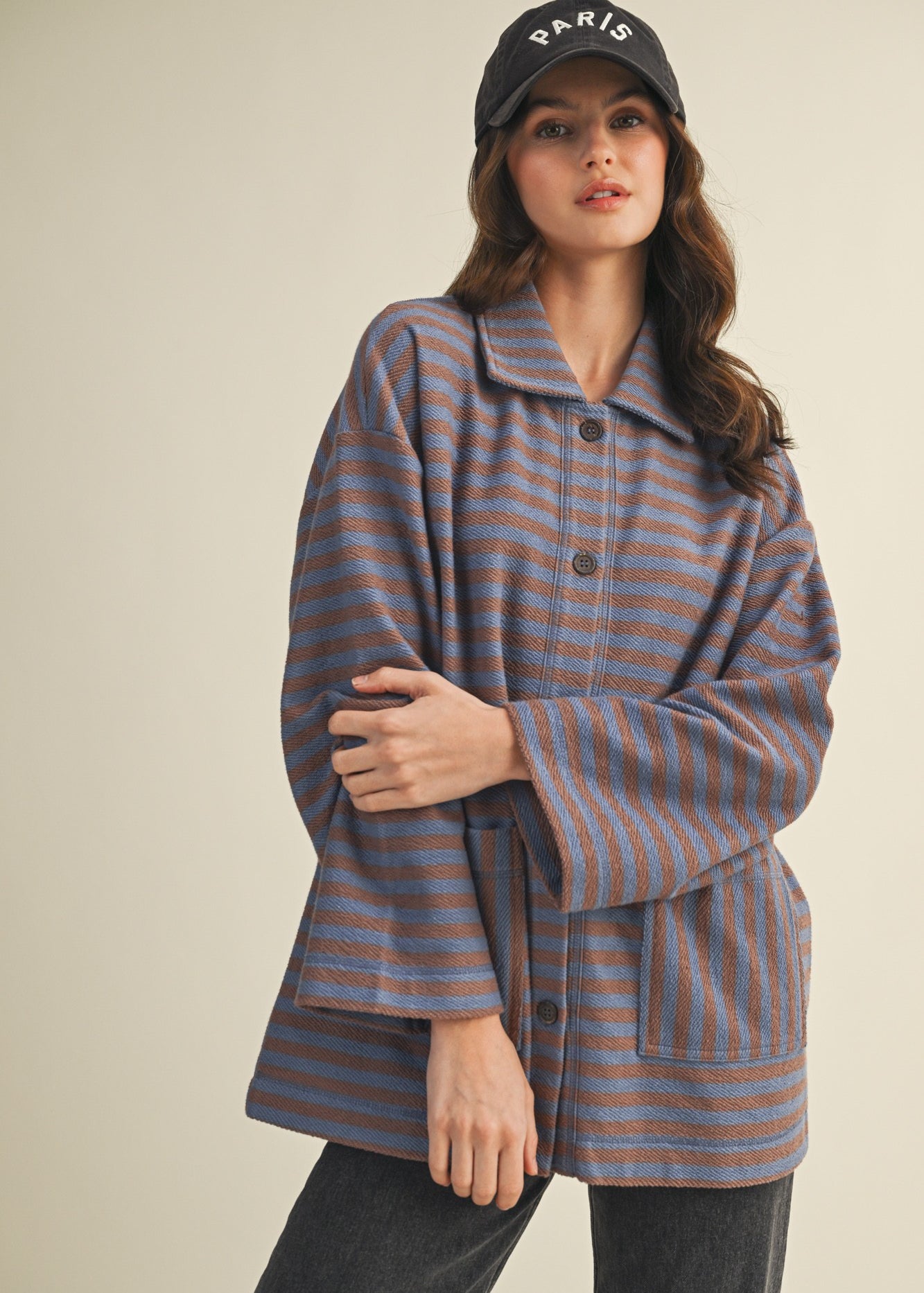 Cozy in stripes button-up jacket in denim combo styled for everyday layering