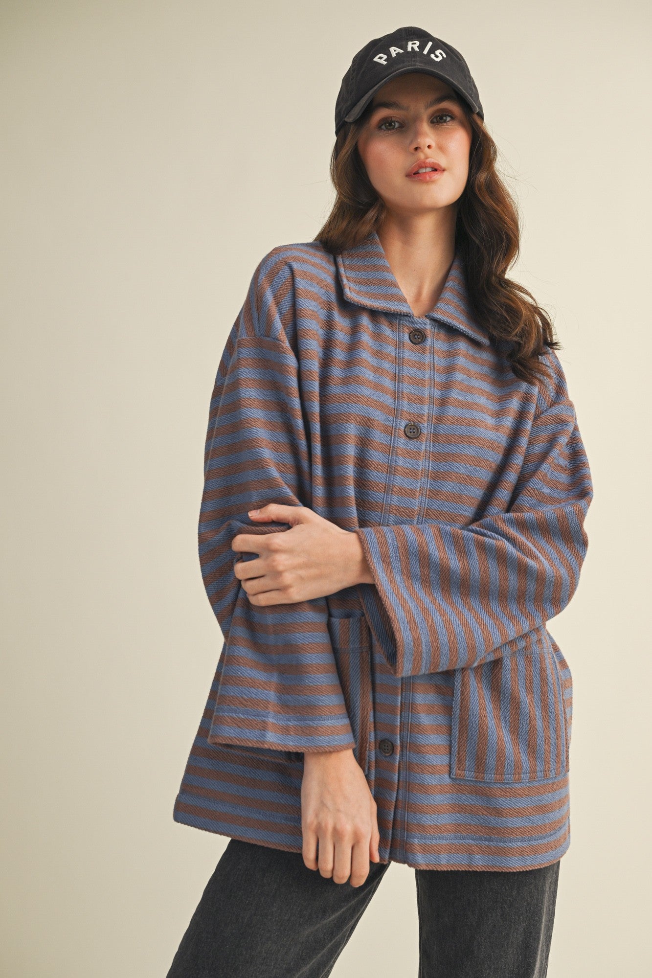 Cozy in stripes button-up jacket in denim combo styled for everyday layering
