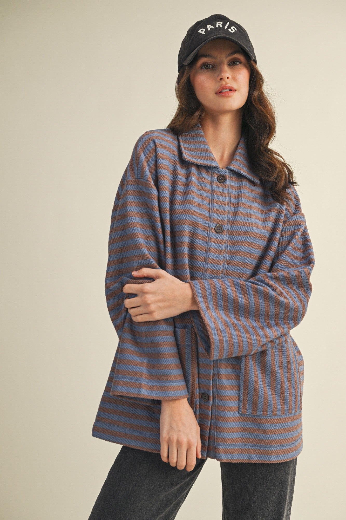 Cozy in stripes button-up jacket in denim combo styled for everyday layering