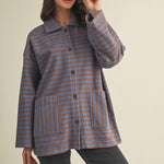 Cozy in stripes button-up jacket in denim combo with oversized fit and textured fabric