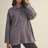 Cozy in stripes button-up jacket in denim combo with oversized fit and textured fabric