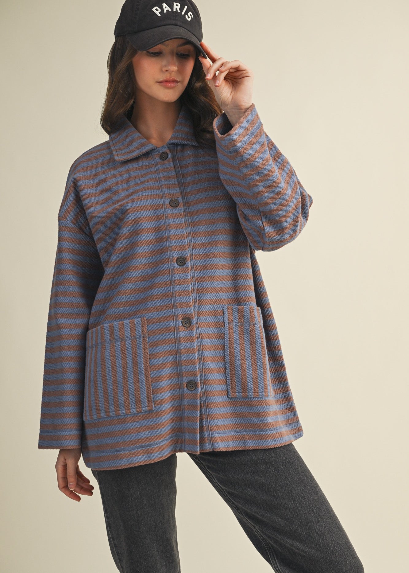 Cozy in stripes button-up jacket in denim combo with oversized fit and textured fabric